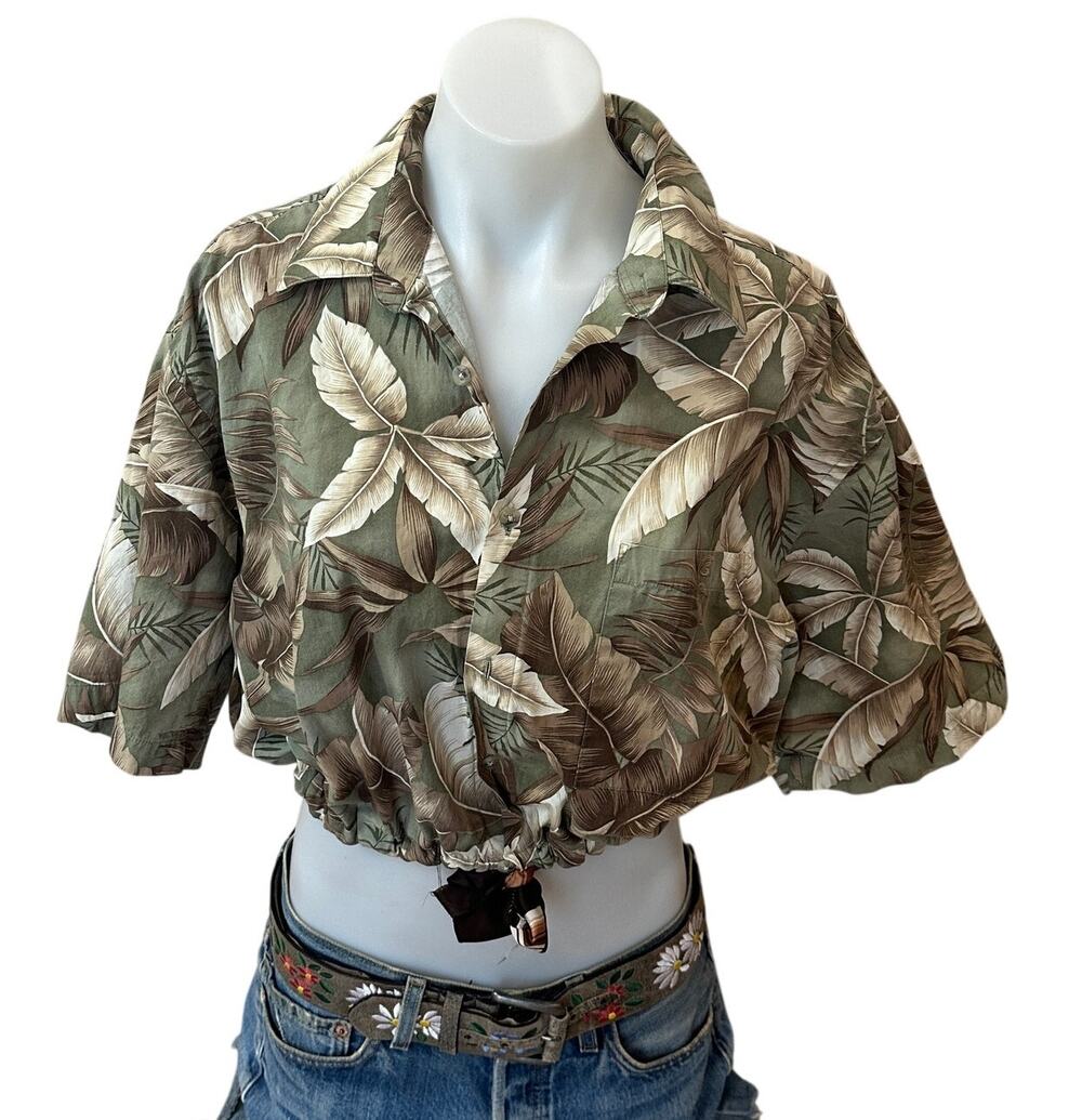 Hawaiian Shirt Button Down Crop Top One Size Boxy Oversized Vacation Cotton Palm